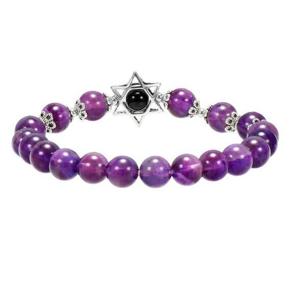mookaitedecor Davidstern Heilstein Armband für Unisex, 16cm elastisch, Amethyst Hexagramm Edelstein Perlen Charm Stretch Armband