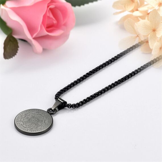 JewelryWe Schmuck Herren Halskette mit Siegel der Sieben Erzengel Anhänger Retro Edelstahl Medaille Kette Silber Gold Schwarz