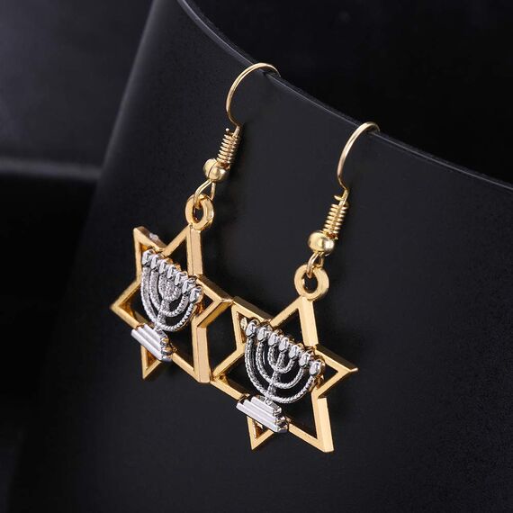 VASSAGO Religiöser jüdischer Davidstern, Israel, Chanukka, Menora, Kerze, Kerzenständer, Tropfenohrring für Frauen und Mädchen, Metall