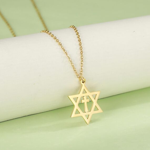 EUEAVAN Davidstern Halskette für Frauen Hexagramm Anhänger Halskette Amulett Symbo Jüdisch Israel Religiös David Schmuck Geschenk Frauen (Davids Kreuz Halskette Gold 2)