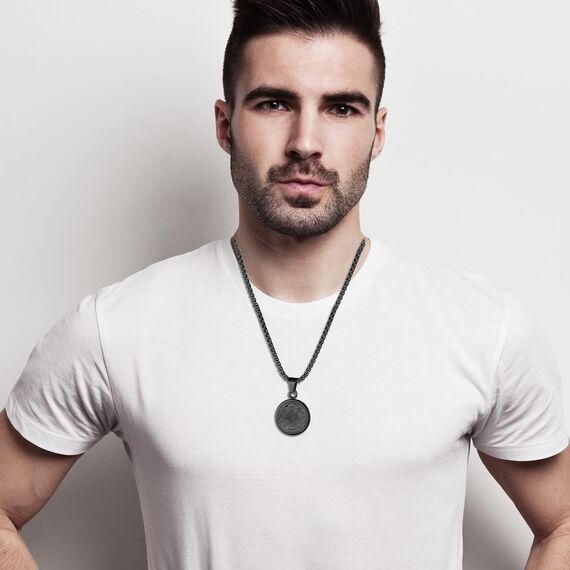 JewelryWe Schmuck Herren Halskette mit Siegel der Sieben Erzengel Anhänger Retro Edelstahl Medaille Kette Silber Gold Schwarz