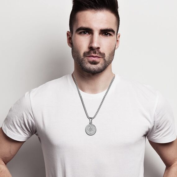 JewelryWe Schmuck 3PCS Herren Halskette mit Siegel der Sieben Erzengel Anhänger Retro Edelstahl Medaille Kette Silber Gold Schwarz