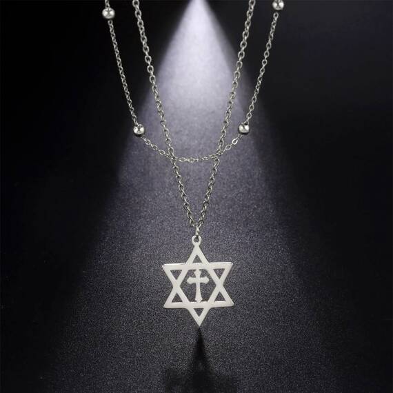 EUEAVAN Davidstern Halskette für Frauen Hexagramm Anhänger Halskette Amulett Symbo Jüdisch Israel Religiös David Schmuck Geschenk Frauen (Doppellagige Kette silber)