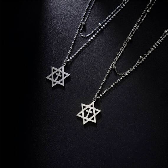 EUEAVAN Davidstern Halskette für Frauen Hexagramm Anhänger Halskette Amulett Symbo Jüdisch Israel Religiös David Schmuck Geschenk Frauen (Doppellagige Kette silber)