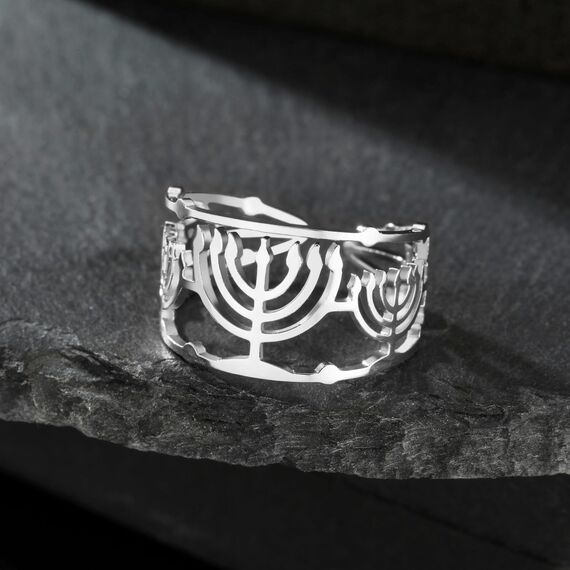 Amaxer Davidstern Hexagramm Chanukka Menora Kerze jüdisches Magen Hebräisch Judaica ausgehöhlt offen verstellbarer Fingerring, Metall