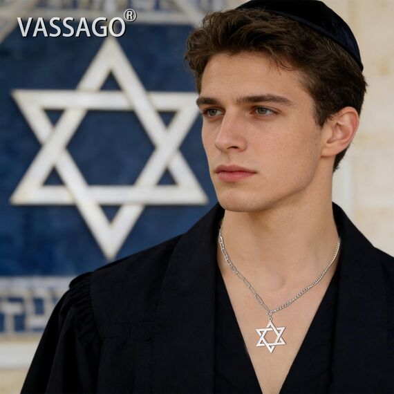 VASSAGO Davidstern-Anhänger Halskette Salomon, sechszackiger Stern, Talisman, Edelstahl, Hexagramm, jüdischer Israel-Schmuck für Herren, Einstellbar, Edelstahl, Kein Edelstein
