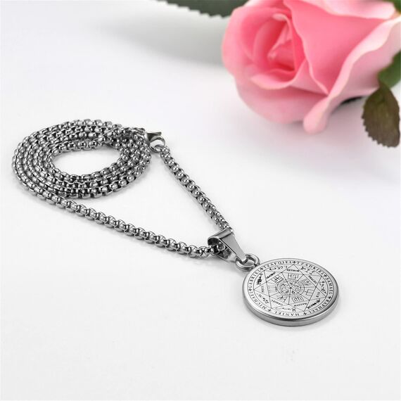 JewelryWe Schmuck Herren Halskette mit Siegel der Sieben Erzengel Anhänger Retro Edelstahl Medaille Kette Silber Gold Schwarz
