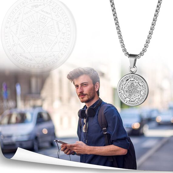 JewelryWe Schmuck 3PCS Herren Halskette mit Siegel der Sieben Erzengel Anhänger Retro Edelstahl Medaille Kette Silber Gold Schwarz
