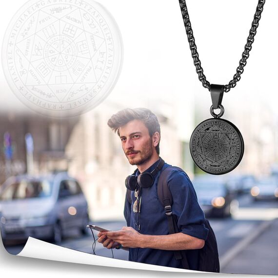 JewelryWe Schmuck Herren Halskette mit Siegel der Sieben Erzengel Anhänger Retro Edelstahl Medaille Kette Silber Gold Schwarz