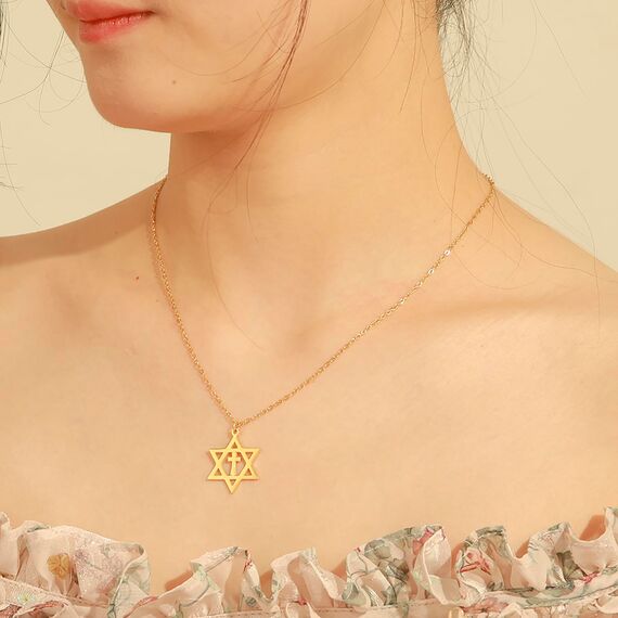 EUEAVAN Davidstern Halskette für Frauen Hexagramm Anhänger Halskette Amulett Symbo Jüdisch Israel Religiös David Schmuck Geschenk Frauen (Davids Kreuz Halskette Gold 2)