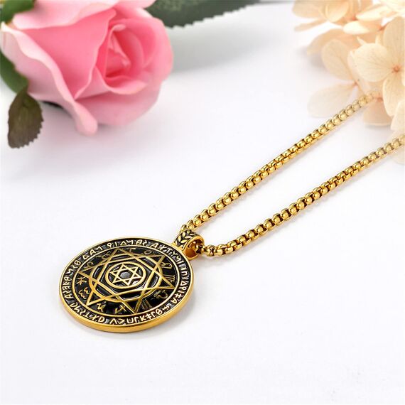 JewelryWe Herren Halskette Hexagramm Medaille: Edelstahl Vintage Davidstern Sternzeichen Amulett Medaille Runde Tag Anhänger mit Weizenkette Kette für Männer Gold