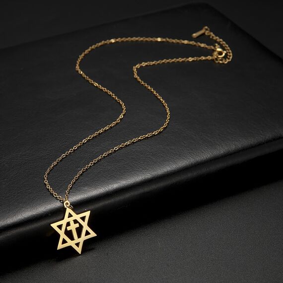 VASSAGO Davidstern-Halskette für Damen und Herren aus Edelstahl mit sechseckigem Anhänger und Kreuz, zierliches religiöses jüdisches Schmuckstück, einstellbar, Edelstahl, Kein Edelstein