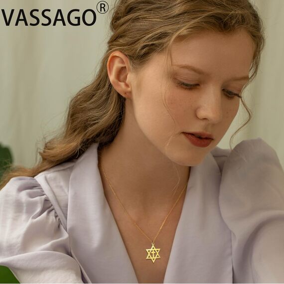 VASSAGO Davidstern-Halskette für Damen und Herren aus Edelstahl mit sechseckigem Anhänger und Kreuz, zierliches religiöses jüdisches Schmuckstück, einstellbar, Edelstahl, Kein Edelstein