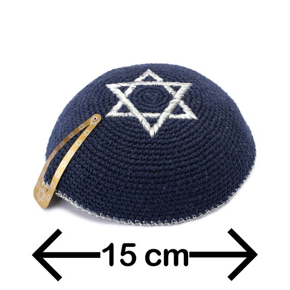 JL Kippha's Baumwolle bestickt gestrickt Marineblau Silber Davidstern Jüdische Israel Yarmulke, marineblau, 85