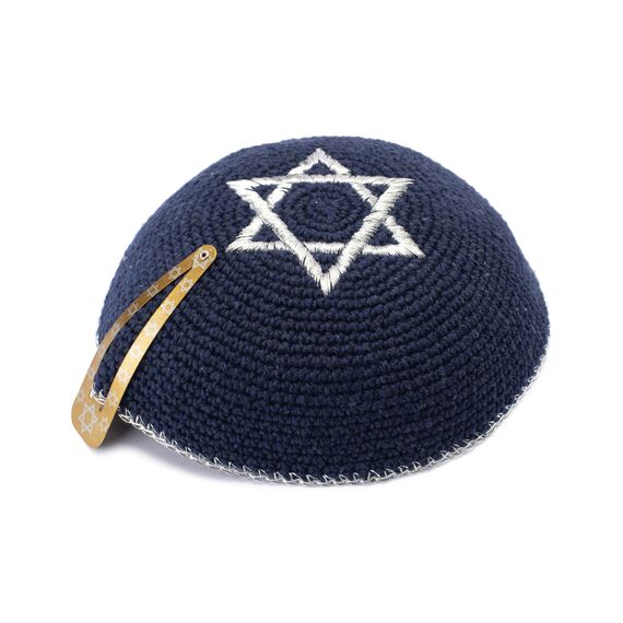 JL Kippha's Baumwolle bestickt gestrickt Marineblau Silber Davidstern Jüdische Israel Yarmulke, marineblau, 85