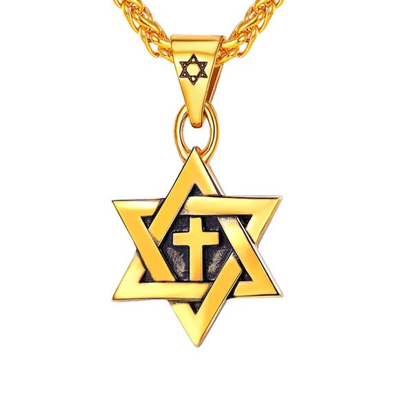 U7 Magen David Schmuck Hexagramm Kreuz Anhänger Halskette 18k vergoldet 55cm/3mm Weizenkette Herren Jungen religiöser Davidstern Schmuck Geschenkidee für Geburtstag