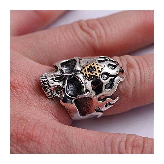 Gothic 925 Sterling Silber Feuer Totenkopf Ring mit Gold Davidstern Punk Schädel Schmuck für Herren Damen Größe 65