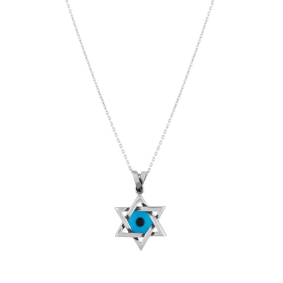 MYSTIC JEWELS By Dalia – Halskette mit Davidstern (Magen David) aus 925er Sterlingsilber mit blauem bösen Blick aus Kristall in der Mitte (klein)