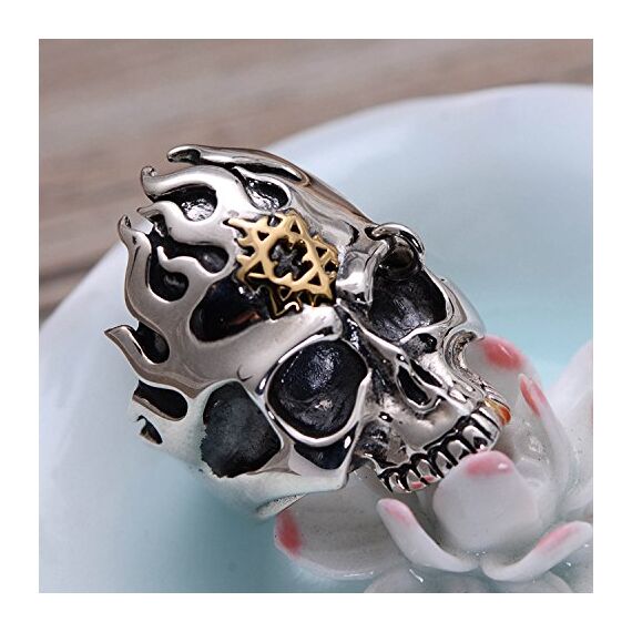 Gothic 925 Sterling Silber Feuer Totenkopf Ring mit Gold Davidstern Punk Schädel Schmuck für Herren Damen Größe 65