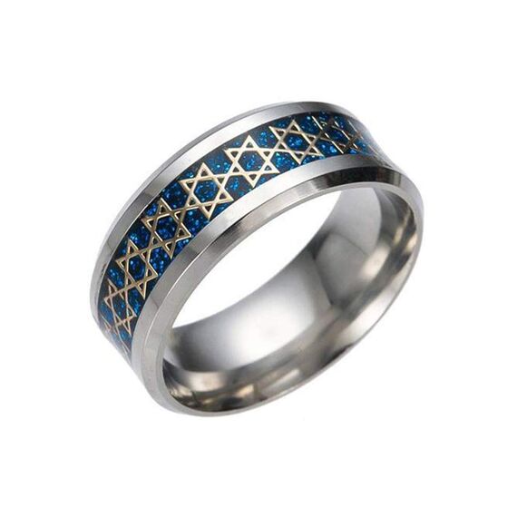 BlackAmazement Wofram Carbon Ring Davidstern Hexagramm Star of David 8mm Silber Gold blau schwarz Damne Herren (Blau, 65 (20.7))