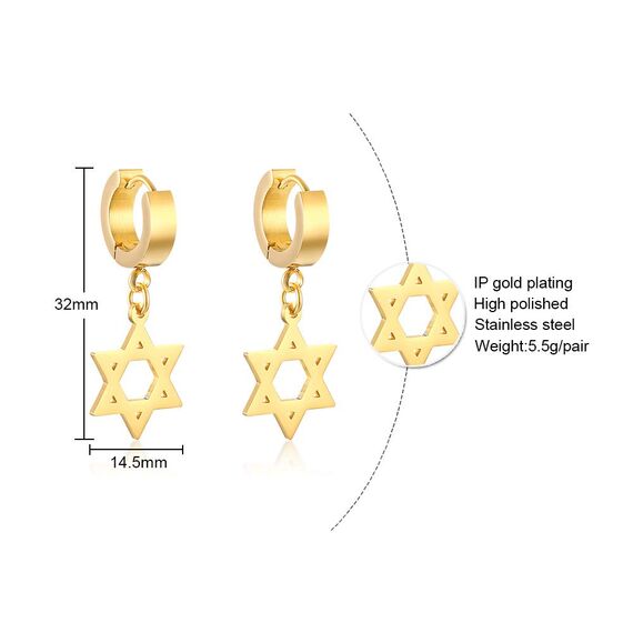 Edelstahl Unisex Davidstern Magen David jüdischen Stern Tropfen Huggie Ohrringe für Männer Frauen Bat Mizwa Geschenk, Gold