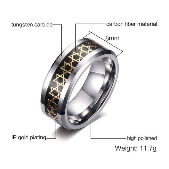 BlackAmazement Wofram Carbon Ring Davidstern Hexagramm Star of David 8mm Silber Gold blau schwarz Damne Herren (Blau, 57 (18.1))