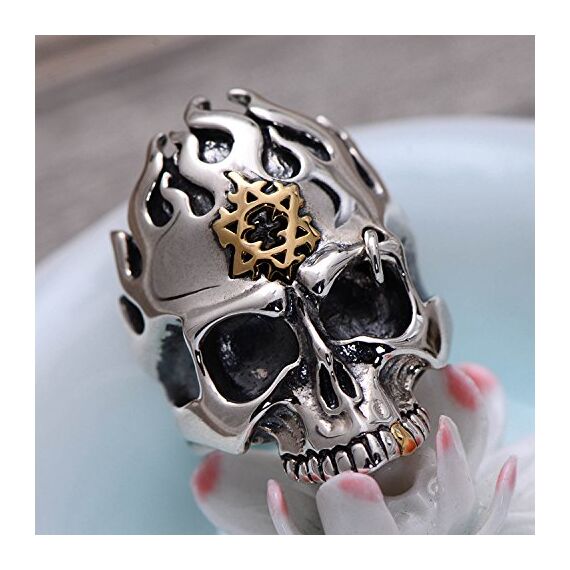 Gothic 925 Sterling Silber Feuer Totenkopf Ring mit Gold Davidstern Punk Schädel Schmuck für Herren Damen Größe 65