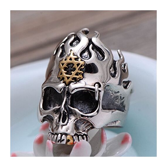 Gothic 925 Sterling Silber Feuer Totenkopf Ring mit Gold Davidstern Punk Schädel Schmuck für Herren Damen Größe 65
