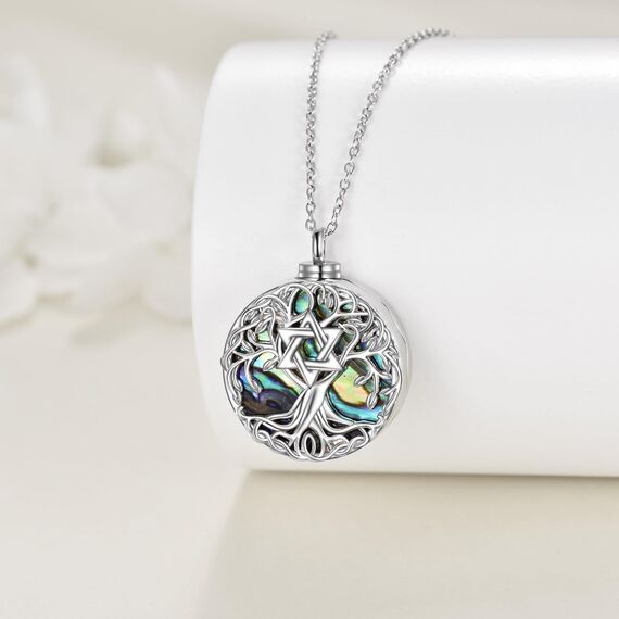 YFN Baum des Lebens Urne Halskette für Asche Sterling Silber Davidstern Lebensbaum Kremation Anhänger Kette Abalone Schale Celtic Keepsake Schmuck Geschenke für Damen Herren