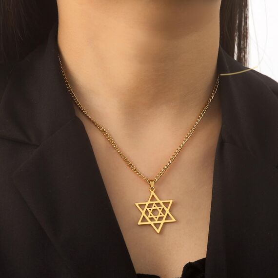 Dreamtimes Davidstern Halsketten Edelstahl Hexagramm Anhänger jüdische Halsketten FaithHeart Davidstern jüdischer Schmuck für Frauen Herren (Gold)
