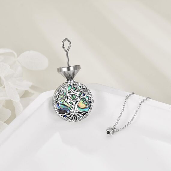 YFN Baum des Lebens Urne Halskette für Asche Sterling Silber Davidstern Lebensbaum Kremation Anhänger Kette Abalone Schale Celtic Keepsake Schmuck Geschenke für Damen Herren