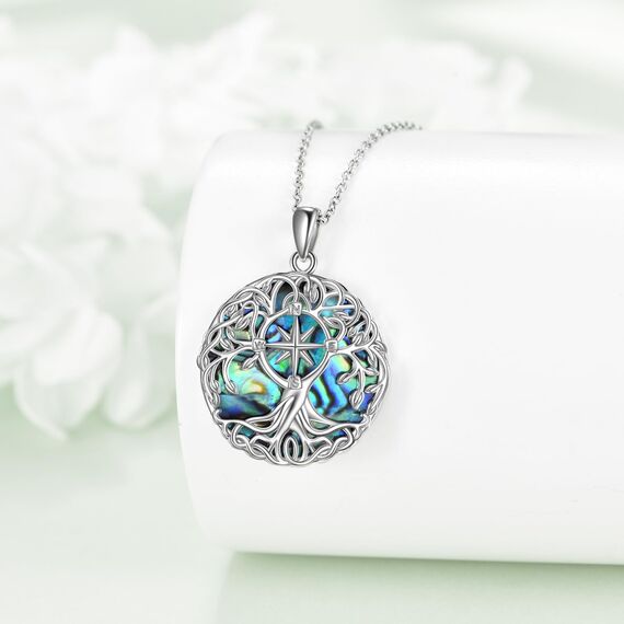 YFN Baum des Lebens Halskette Sterling Silber Kompass Anhänger Abalone Muschel keltischen Schmuck Graduierung Lebensbaum Geschenke für Damen Herren