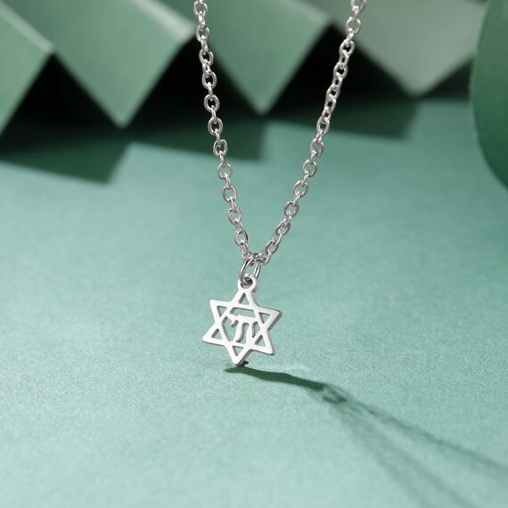Amaxer Zierliche Davidstern-Halskette mit hebräischem Chai-Symbol, Halskette für Damen, minimalistisch, Chanukka, Magen, Judaisch, jüdisch, Edelstahl, Charm-Anhänger (Davidstern Chai)