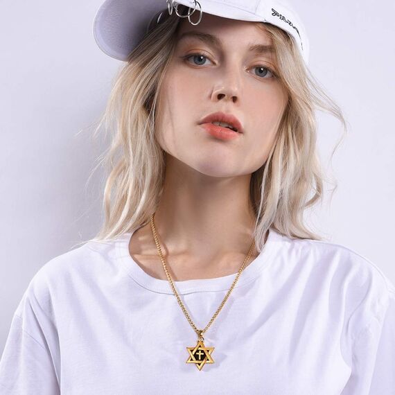 U7 Magen David Schmuck Hexagramm Kreuz Anhänger Halskette 18k vergoldet 55cm/3mm Weizenkette Herren Jungen religiöser Davidstern Schmuck Geschenkidee für Geburtstag