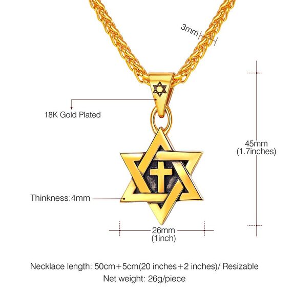 U7 Magen David Schmuck Hexagramm Kreuz Anhänger Halskette 18k vergoldet 55cm/3mm Weizenkette Herren Jungen religiöser Davidstern Schmuck Geschenkidee für Geburtstag