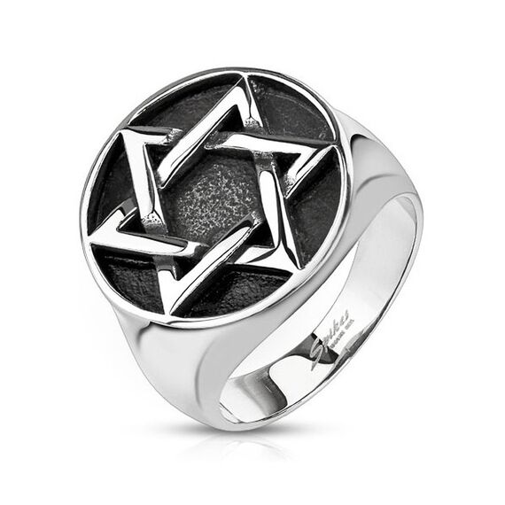 Autiga Edelstahl Ring Herren Davidstern Biker Hexagramm Gothic Massiv Silber-schwarz 70 - Ø 22,20 mm