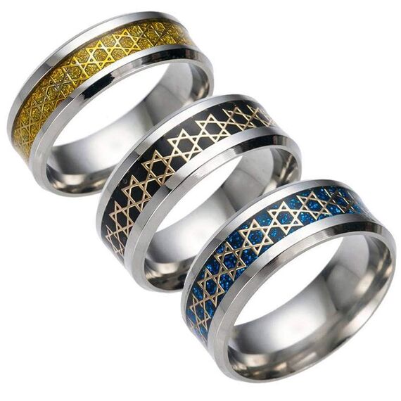 BlackAmazement Wofram Carbon Ring Davidstern Hexagramm Star of David 8mm Silber Gold blau schwarz Damne Herren (Blau, 71 (22.6))