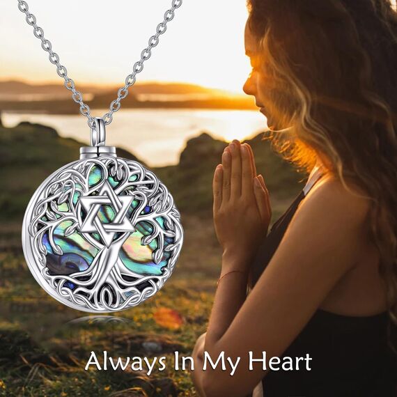 YFN Baum des Lebens Urne Halskette für Asche Sterling Silber Davidstern Lebensbaum Kremation Anhänger Kette Abalone Schale Celtic Keepsake Schmuck Geschenke für Damen Herren
