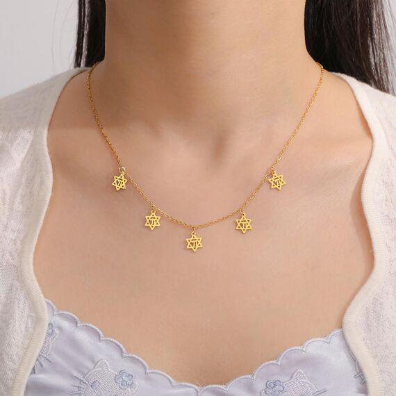 Amaxer Zierliche Davidstern-Halskette mit hebräischem Chai-Symbol, Halskette für Damen, minimalistisch, Chanukka, Magen, Judaisch, jüdisch, Edelstahl, Charm-Anhänger (Davidstern, Chai Gold)