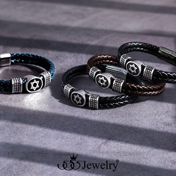 555Jewelry Edelstahl Davidstern geflochten Lederarmband für Herren Schwarz