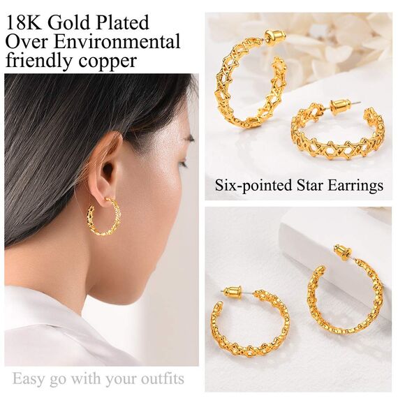 U7 Ohrringe Damen Halb Creolen Ohrringe 18k vergoldet Davidstern Kreolen Ohrringe mit 925 Silber Nadel Hypoallergen Street Style Moedeschmuck Accessoire für Frauen Mädchen