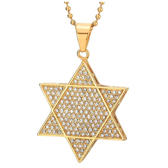 COOLSTEELANDBEYOND Goldfarben Davidstern Anhänger mit Zirkonia, Edelstahl Halskette für Damen Herren, 75cm Stahl Kugelkette