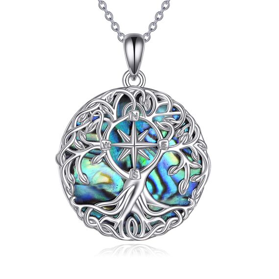 YFN Baum des Lebens Halskette Sterling Silber Kompass Anhänger Abalone Muschel keltischen Schmuck Graduierung Lebensbaum Geschenke für Damen Herren