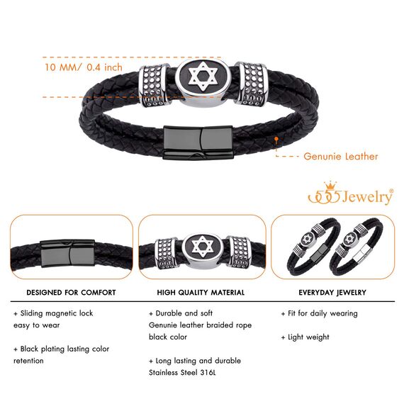 555Jewelry Edelstahl Davidstern geflochten Lederarmband für Herren Schwarz
