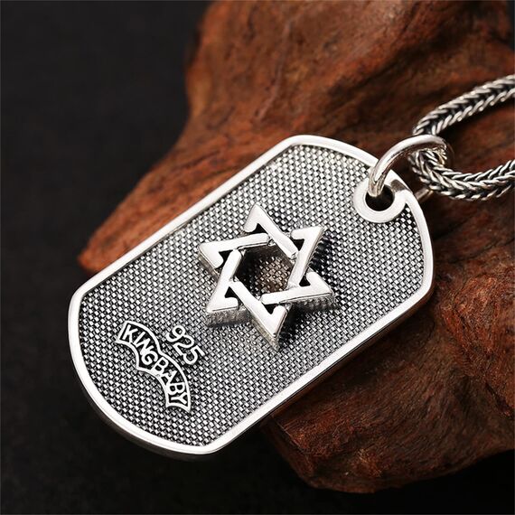Herren Hexagon Star Dog Tag, Gothic Vintage Davidstern S925 Sterling Silber Anhänger Halskette,Silber,Anhänger + Kette 70cm Modeaccessoires (Color : Silver, Size : Pendant+chain 60cm)
