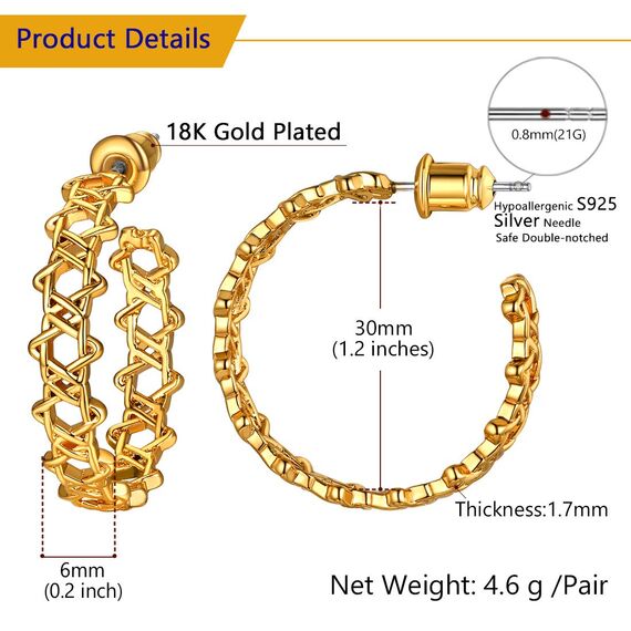U7 Ohrringe Damen Halb Creolen Ohrringe 18k vergoldet Davidstern Kreolen Ohrringe mit 925 Silber Nadel Hypoallergen Street Style Moedeschmuck Accessoire für Frauen Mädchen
