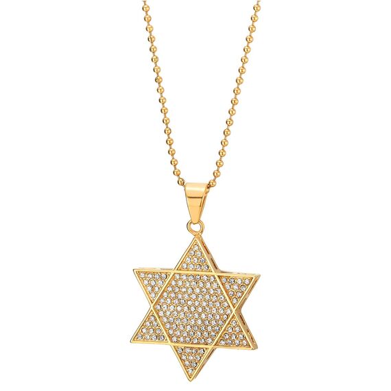 COOLSTEELANDBEYOND Goldfarben Davidstern Anhänger mit Zirkonia, Edelstahl Halskette für Damen Herren, 75cm Stahl Kugelkette
