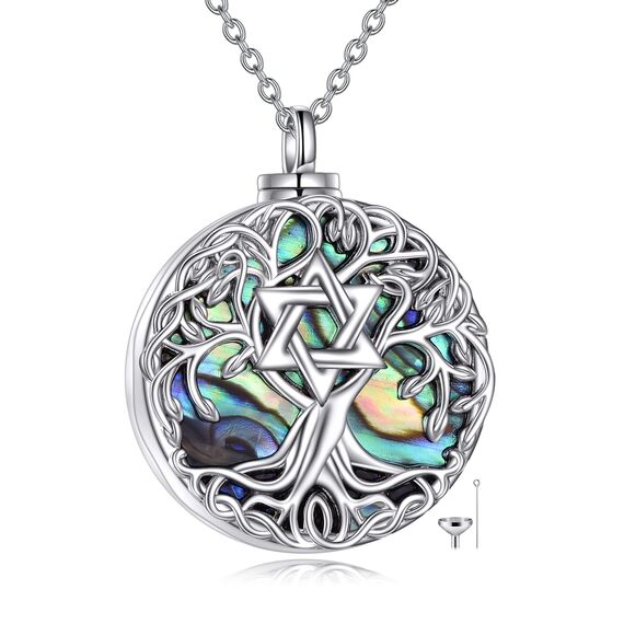 YFN Baum des Lebens Urne Halskette für Asche Sterling Silber Davidstern Lebensbaum Kremation Anhänger Kette Abalone Schale Celtic Keepsake Schmuck Geschenke für Damen Herren