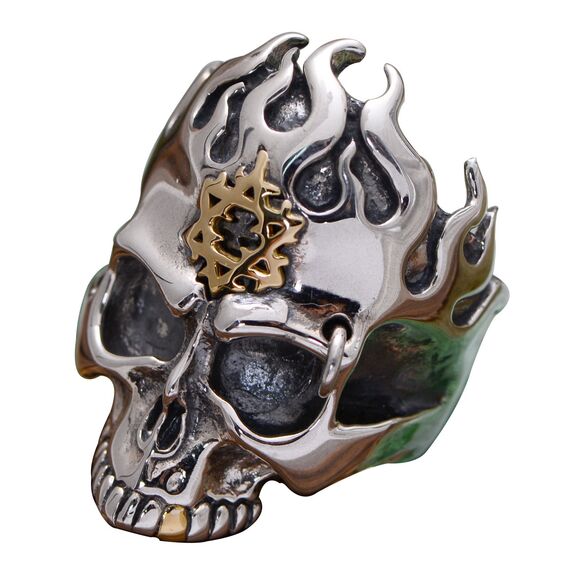 Gothic 925 Sterling Silber Feuer Totenkopf Ring mit Gold Davidstern Punk Schädel Schmuck für Herren Damen Größe 65