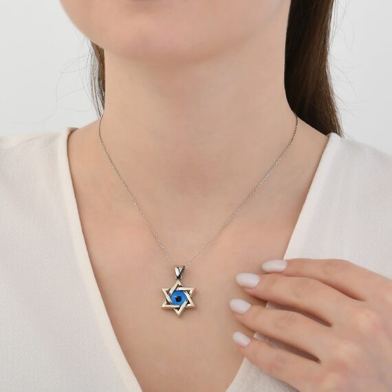 MYSTIC JEWELS By Dalia – Halskette mit Davidstern (Magen David) aus 925er Sterlingsilber mit blauem bösen Blick aus Kristall in der Mitte (klein)